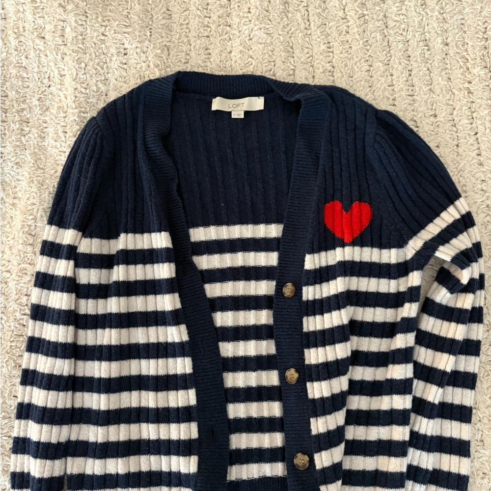 Loft Navy and White Striped Women's Sweater with Heart Detail - Picture 4 of 6